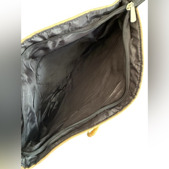 Elegant Blue Gold Brocade Tote Bag Bamboo Wooden Ring Handles Statement - Picture 5 of 8